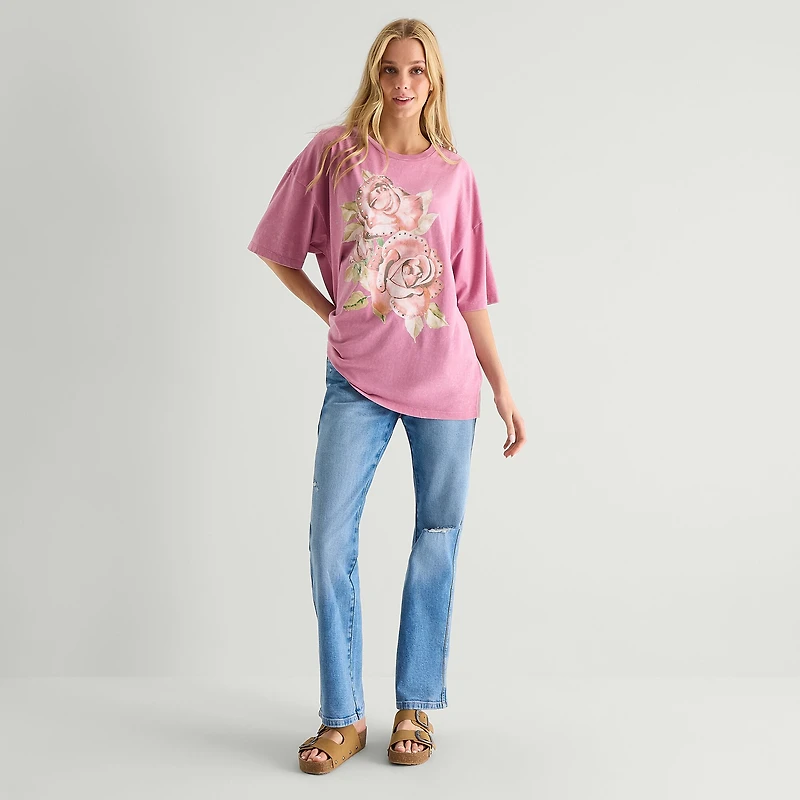 Roses Oversized Tee Womens Juniors Crew Neck Short Sleeve Graphic T-Shirt
