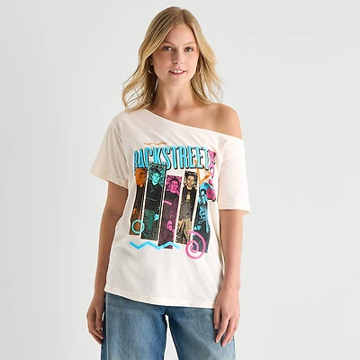 Bsb Off Shoulder Womens Juniors Boat Neck Short Sleeve Loose Fit Graphic T-Shirt
