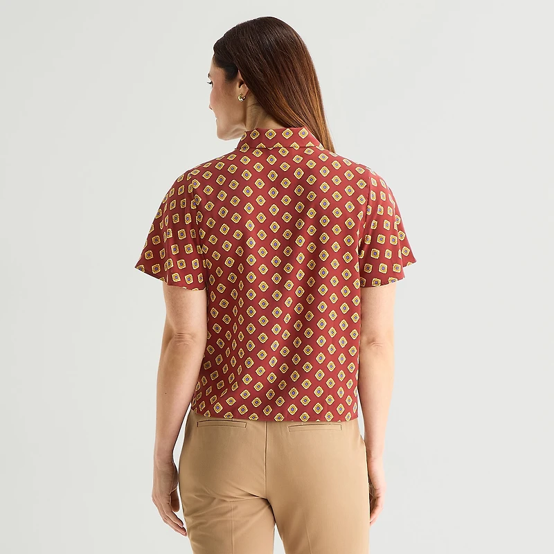 Liz Claiborne Womens Split Tie Neck Short Sleeve Blouse