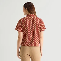 Liz Claiborne Womens Split Tie Neck Short Sleeve Blouse