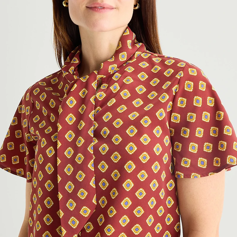 Liz Claiborne Womens Split Tie Neck Short Sleeve Blouse