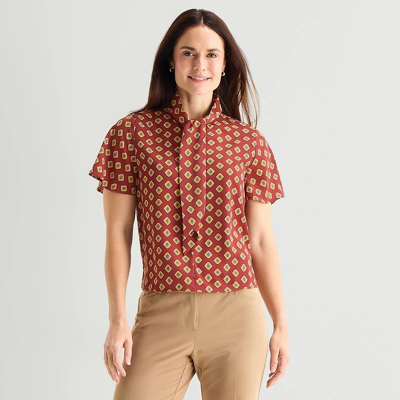 Liz Claiborne Womens Split Tie Neck Short Sleeve Blouse