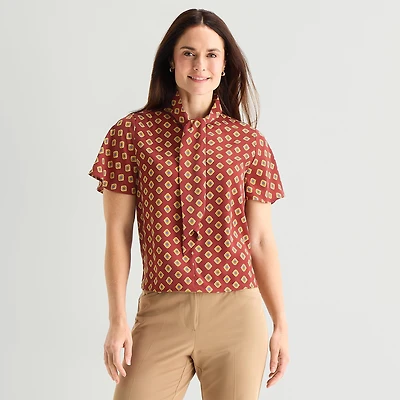 Liz Claiborne Womens Split Tie Neck Short Sleeve Blouse