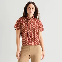 Liz Claiborne Womens Split Tie Neck Short Sleeve Blouse