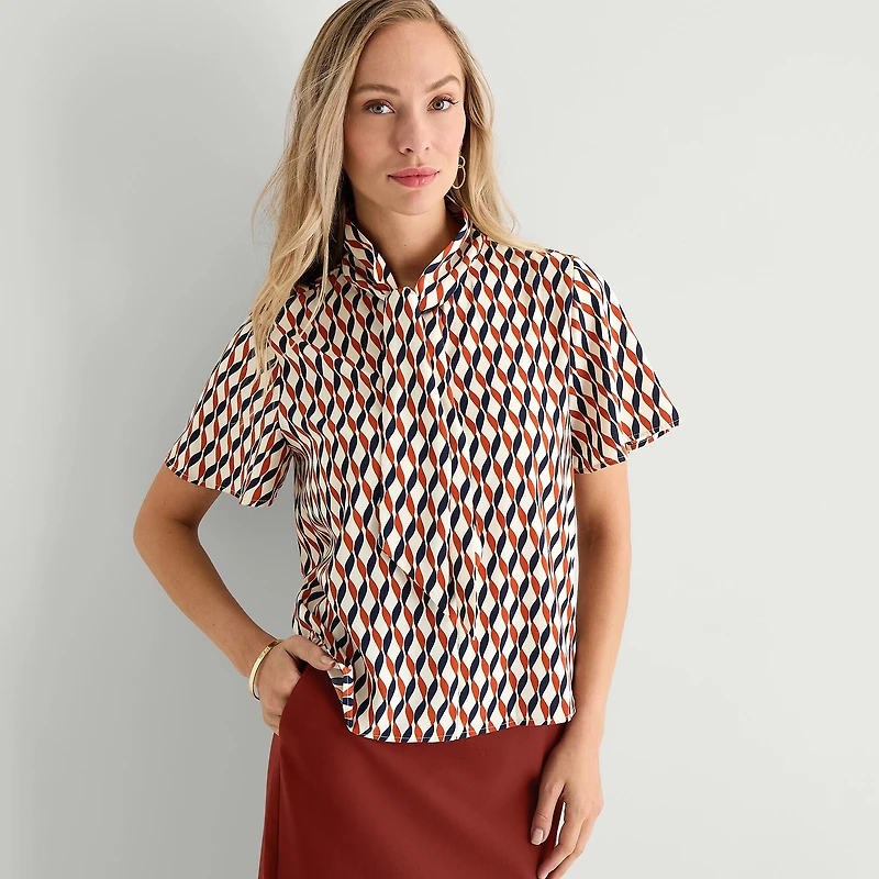 Liz Claiborne Womens Split Tie Neck Short Sleeve Blouse