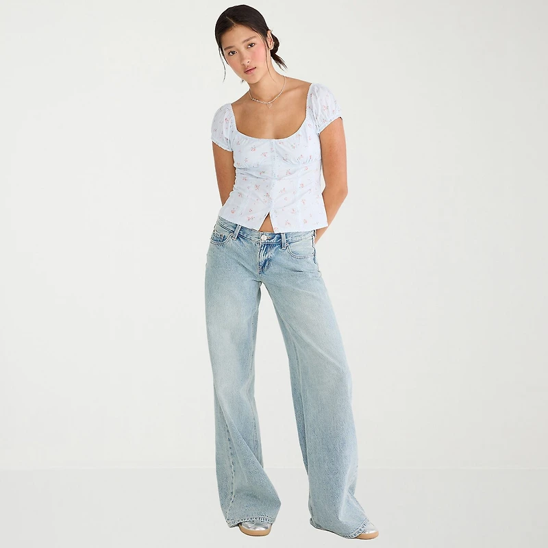 AEROPOSTALE Womens Juniors Square Neck Puffed Short Sleeve Regular Fit Button-Down Shirt