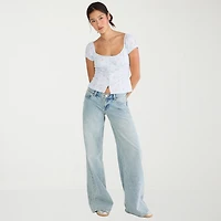 AEROPOSTALE Womens Juniors Square Neck Puffed Short Sleeve Regular Fit Button-Down Shirt