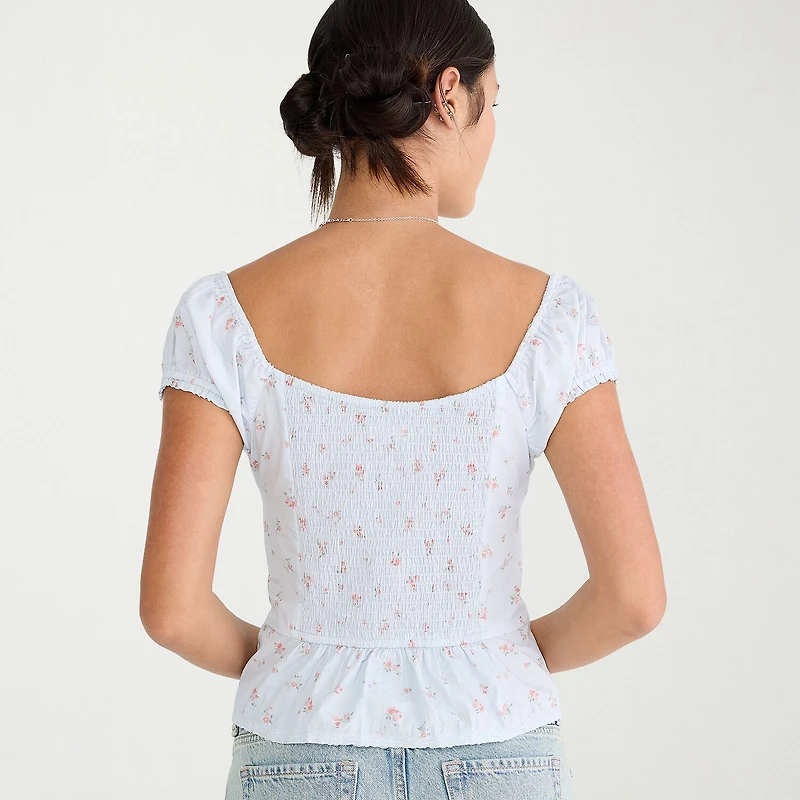 AEROPOSTALE Womens Juniors Square Neck Puffed Short Sleeve Regular Fit Button-Down Shirt