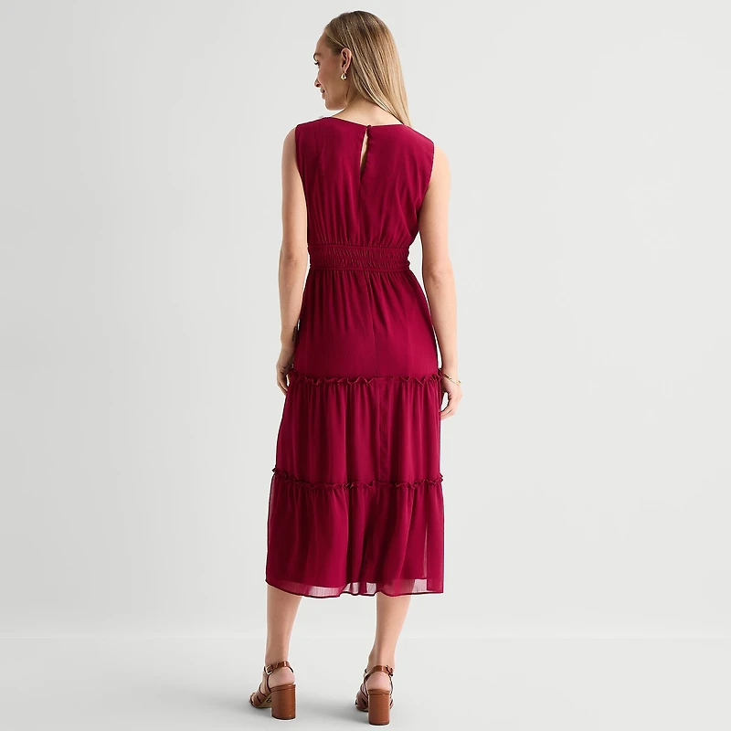 Danny & Nicole Womens Midi V Neck Sleeveless Fit + Flare Dress