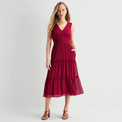 Danny & Nicole Womens Midi V Neck Sleeveless Fit + Flare Dress