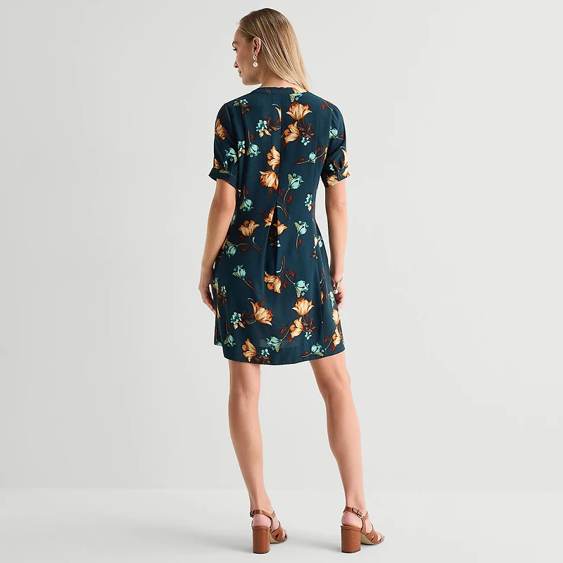 Be by CHETTA B Womens Notch Neck Short Sleeve Floral Shift Dress