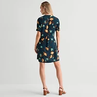 Be by CHETTA B Womens Notch Neck Short Sleeve Floral Shift Dress