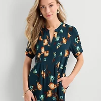 Be by CHETTA B Womens Notch Neck Short Sleeve Floral Shift Dress