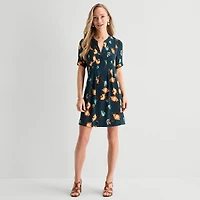 Be by CHETTA B Womens Notch Neck Short Sleeve Floral Shift Dress