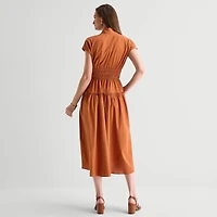 Danny & Nicole Womens Midi V Neck Short Sleeve Fit + Flare Dress