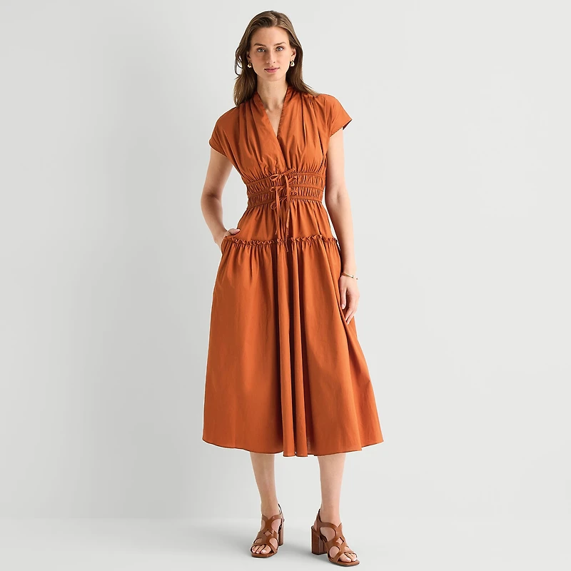 Danny & Nicole Womens Midi V Neck Short Sleeve Fit + Flare Dress