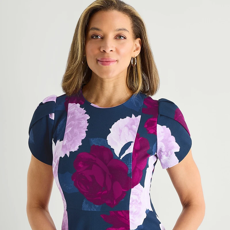 Marc New York Womens Midi Round Neck Short Sleeve Floral Fit + Flare Dress