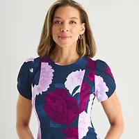 Marc New York Womens Midi Round Neck Short Sleeve Floral Fit + Flare Dress