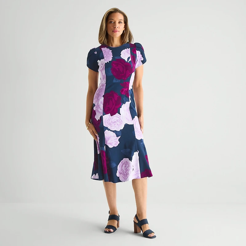 Marc New York Womens Midi Round Neck Short Sleeve Floral Fit + Flare Dress