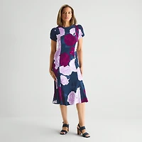 Marc New York Womens Midi Round Neck Short Sleeve Floral Fit + Flare Dress