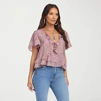 Jessica Simpson Womens Split Tie Neck Short Sleeve Ruffled Blouse
