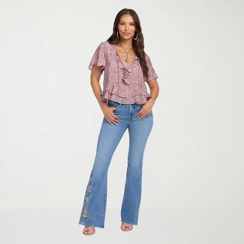 Jessica Simpson Womens Split Tie Neck Short Sleeve Ruffled Blouse