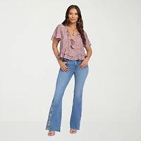 Jessica Simpson Womens Split Tie Neck Short Sleeve Ruffled Blouse