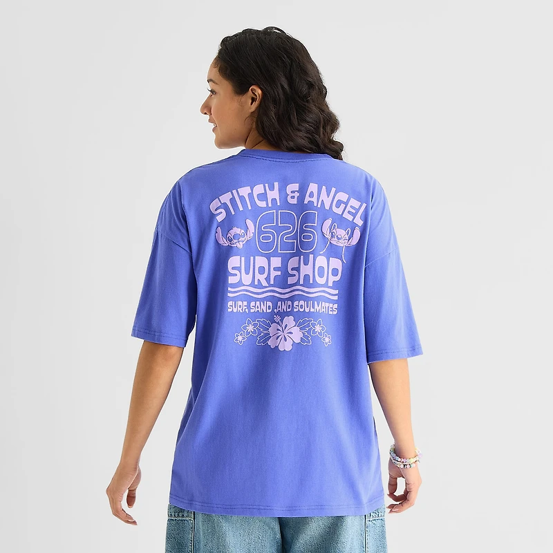 Stitch And Angel Oversized Tee Womens Juniors Crew Neck Short Sleeve Graphic T-Shirt