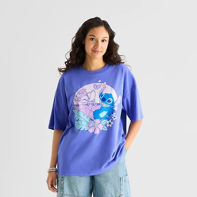 Stitch And Angel Oversized Tee Womens Juniors Crew Neck Short Sleeve Graphic T-Shirt