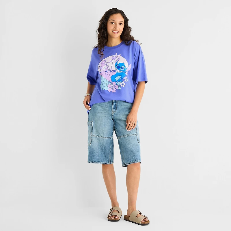 Stitch And Angel Oversized Tee Womens Juniors Crew Neck Short Sleeve Graphic T-Shirt
