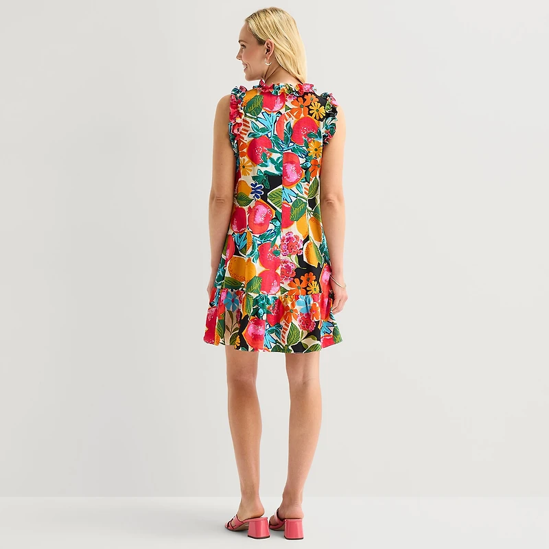 52seven Womens Split Tie Neck Sleeveless Floral Shift Dress