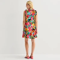 52seven Womens Split Tie Neck Sleeveless Floral Shift Dress