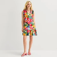 52seven Womens Split Tie Neck Sleeveless Floral Shift Dress