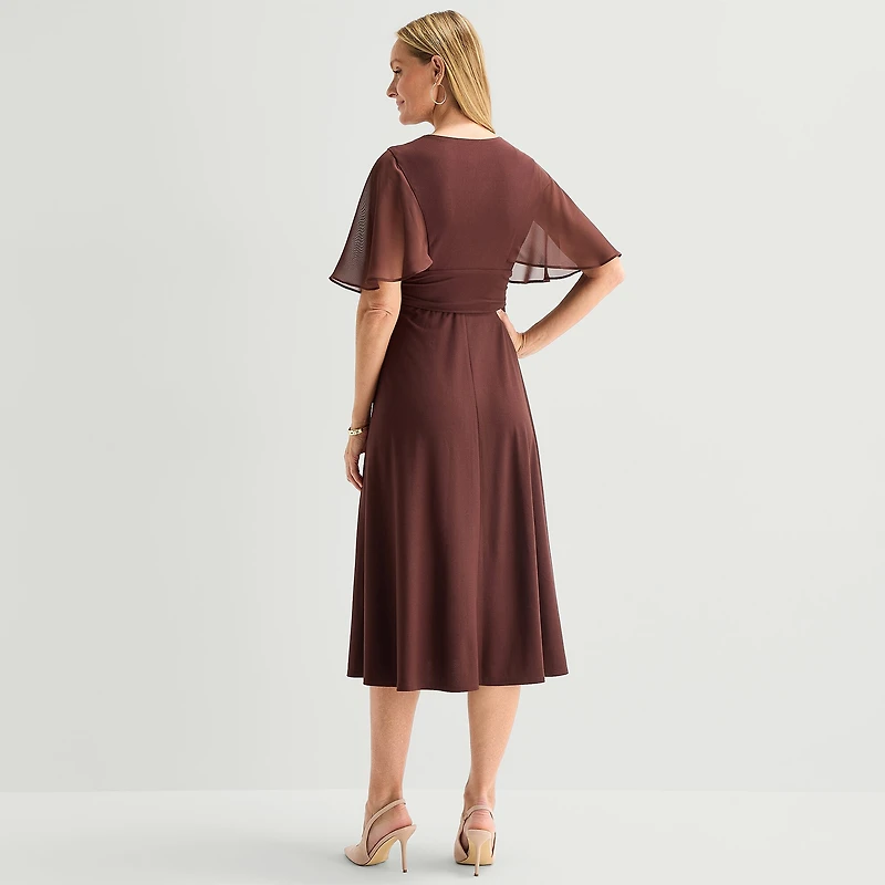 Perceptions Womens Midi V Neck Short Sleeve Cape Fit + Flare Dress