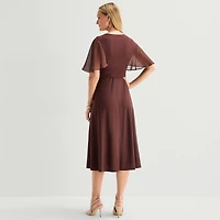 Perceptions Womens Midi V Neck Short Sleeve Cape Fit + Flare Dress