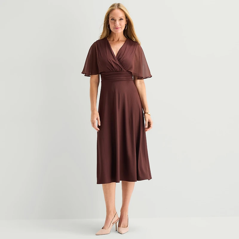 Perceptions Womens Midi V Neck Short Sleeve Cape Fit + Flare Dress