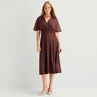 Perceptions Womens Midi V Neck Short Sleeve Cape Fit + Flare Dress