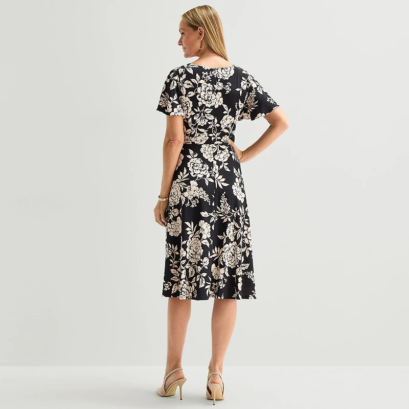 Perceptions Womens Midi V Neck Short Sleeve Flutter Floral Fit + Flare Dress