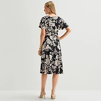 Perceptions Womens Midi V Neck Short Sleeve Flutter Floral Fit + Flare Dress