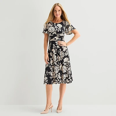 Perceptions Womens Midi V Neck Short Sleeve Flutter Floral Fit + Flare Dress