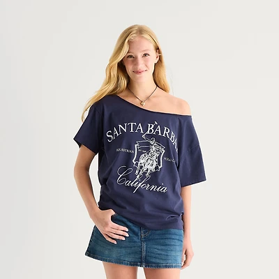 Arizona Womens Juniors Scoop Neck Short Sleeve Regular Fit Graphic T-Shirt
