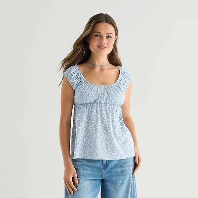 Arizona Womens Juniors Scoop Neck Short Sleeve Babydoll Top