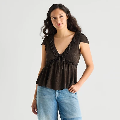 Arizona Womens Juniors V Neck Short Sleeve Babydoll Top