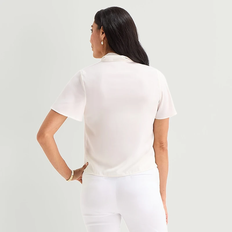 Liz Claiborne Womens Split Tie Neck Short Sleeve Blouse