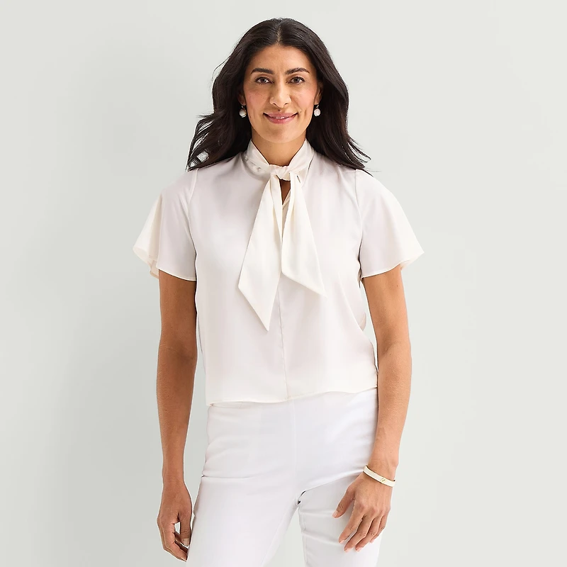 Liz Claiborne Womens Split Tie Neck Short Sleeve Blouse