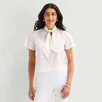 Liz Claiborne Womens Split Tie Neck Short Sleeve Blouse