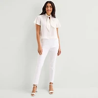Liz Claiborne Womens Split Tie Neck Short Sleeve Blouse