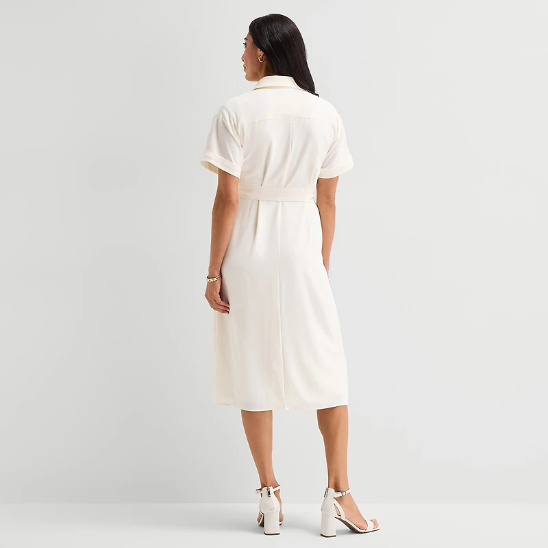 Liz Claiborne Womens Short Sleeve Midi Shirt Dress