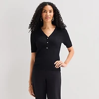 Liz Claiborne Womens Henley Neck Short Sleeve Pullover Sweater