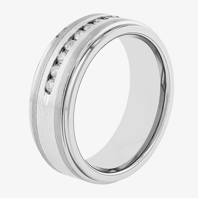 Mens 8MM 1/4 CT. T.W. Natural White Diamond Stainless Steel Tungsten Wedding Band